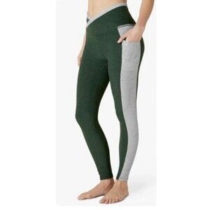Beyond Yoga Small Spacedye On Block High Cross Waist Midi Leggings Green Gray